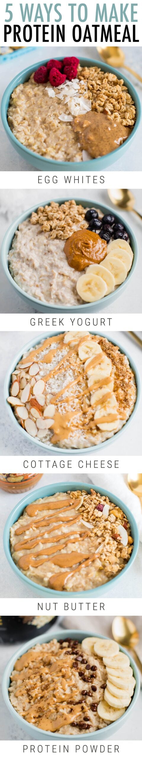 Five photos of oatmeal with different toppings.