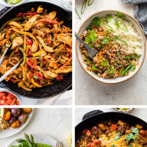 Collage of four photos: chicken fajitas in a pan, an egg roll bowl, chicken and veggies on a plate, and a beef squash cheese skillet.