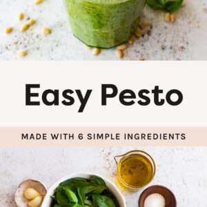 Jar of pesto with a spoon. Photo of the ingredients measured out to make pesto: pepper, sea salt, olive oil, parmigiano-reggino, fresh basil, lemon juice, garlic and pine nuts.