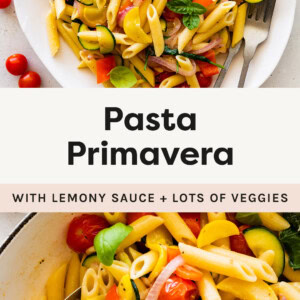 Pasta Primavara on a plate and a close up photo of the pasta in a pot. Pasta is loaded with veggies.