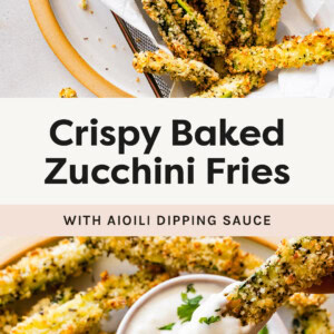 Basket of Crispy Baked Zucchini Fries with aioili dipping sauce, and a photo of a fry being dipped into the sauce.